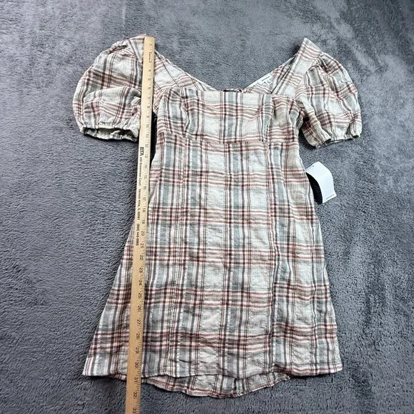 Eyeshadow NEW XL Plaid Mini Dress Puff Sleeve Lace Up Front Cotton CottageCore - Picture 6 of 7